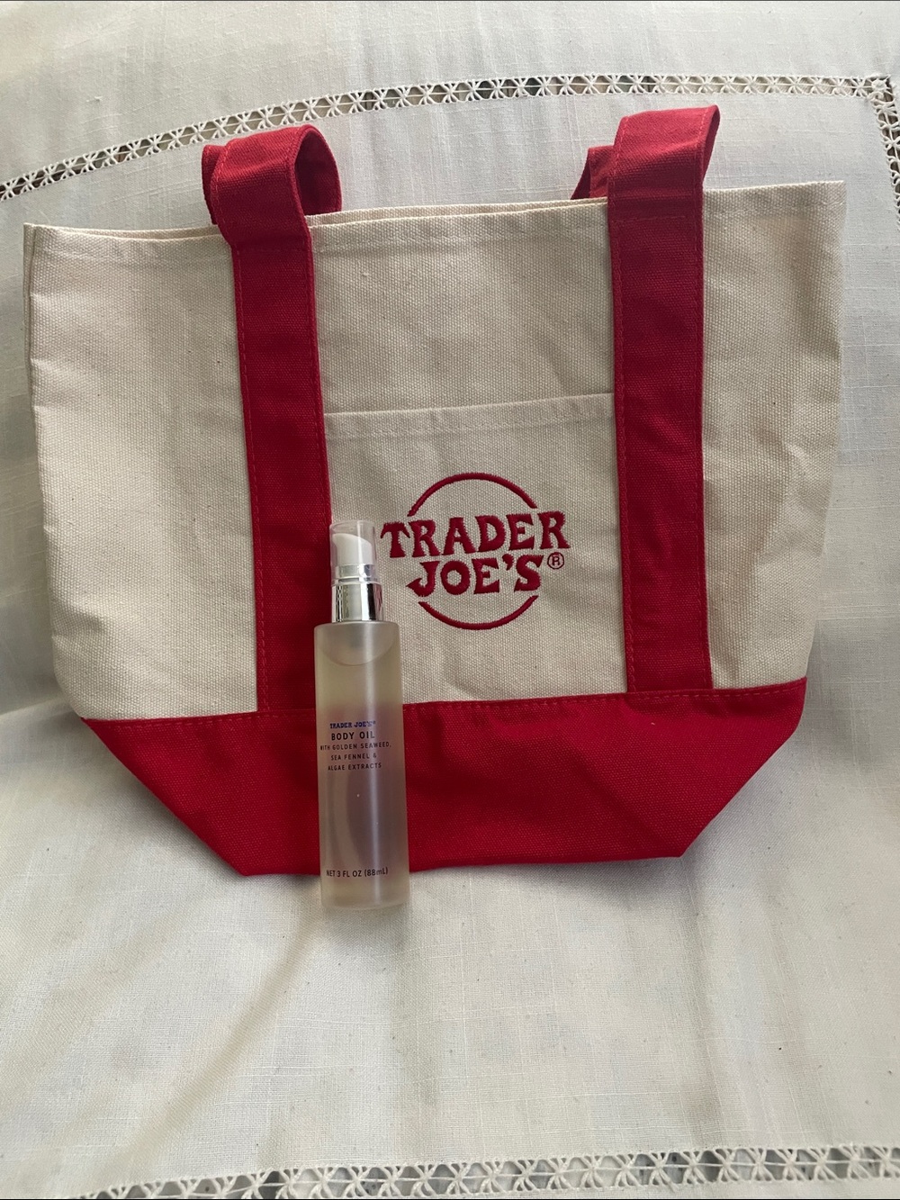 Trader Joe’s Red & Cream Canvas Tote Bag And 3 OZ Body Oil NWOT